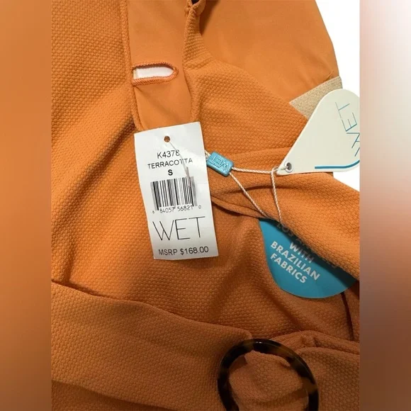 NWT WET Athena One Piece V Neck belted Swimsuit Scoop Back In Terracotta Small - Picture 4 of 5